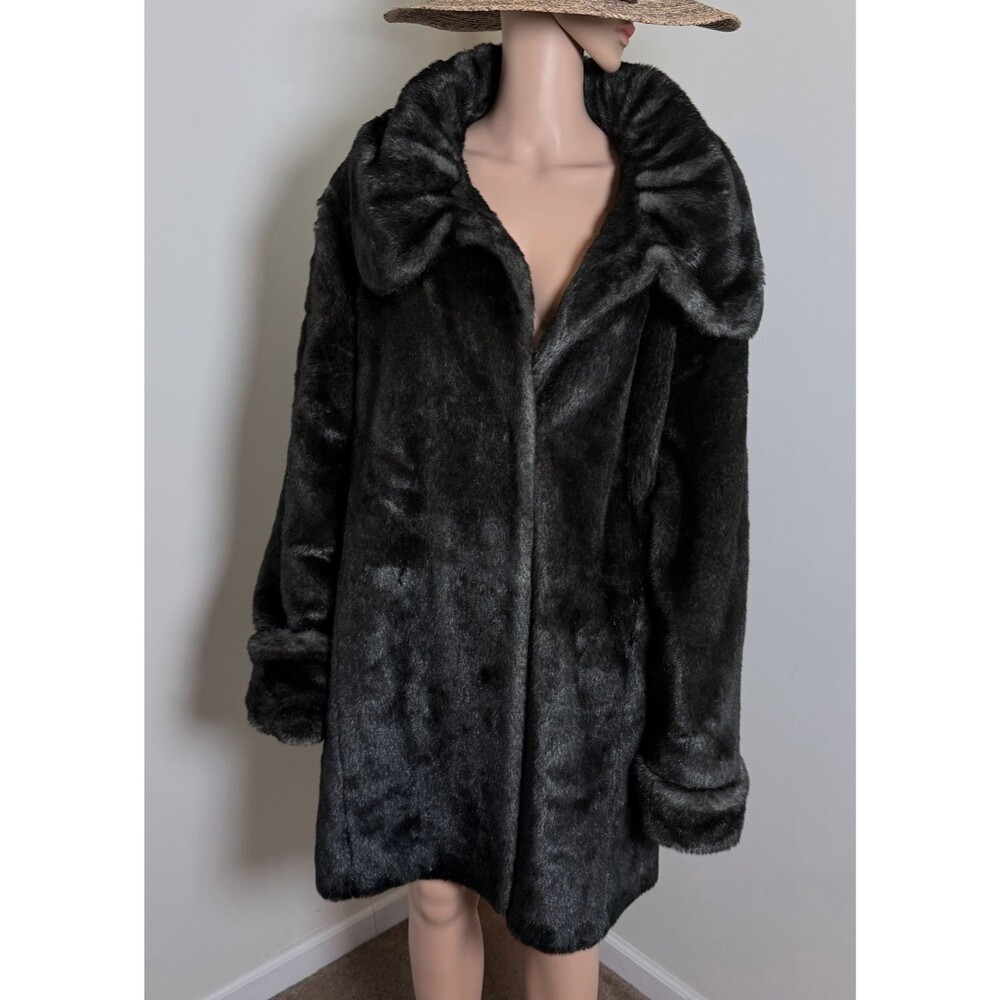Jones New York 2X Black Charcoal Faux Fur Coat Plus Size Plush Mob Wife Glam